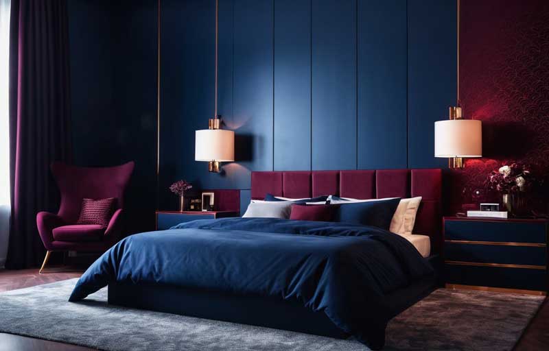 ترکیب رنگ آبی نفتی و زرشکی برای دکوراسیون داخلی