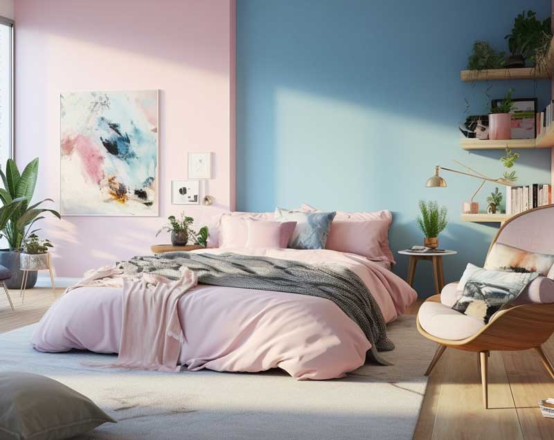 ترکیب رنگ آبی و صورتی پاستلی برای دکوراسیون داخلی